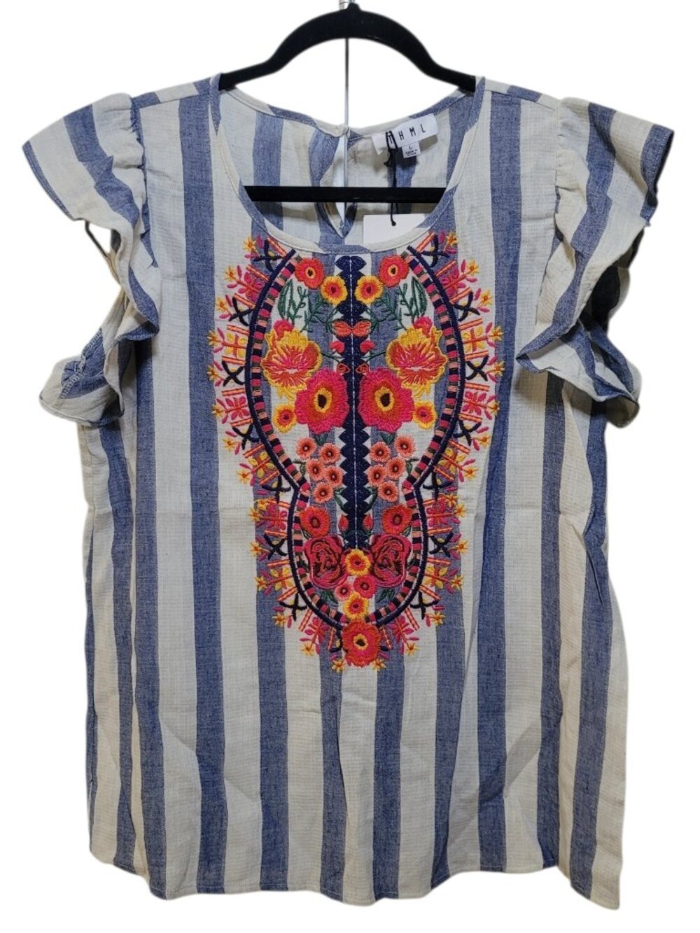 THML Floral Embroidered Ruffle Sleeve Boho Top Blue Striped Large NEW Coastal - Picture 1 of 9